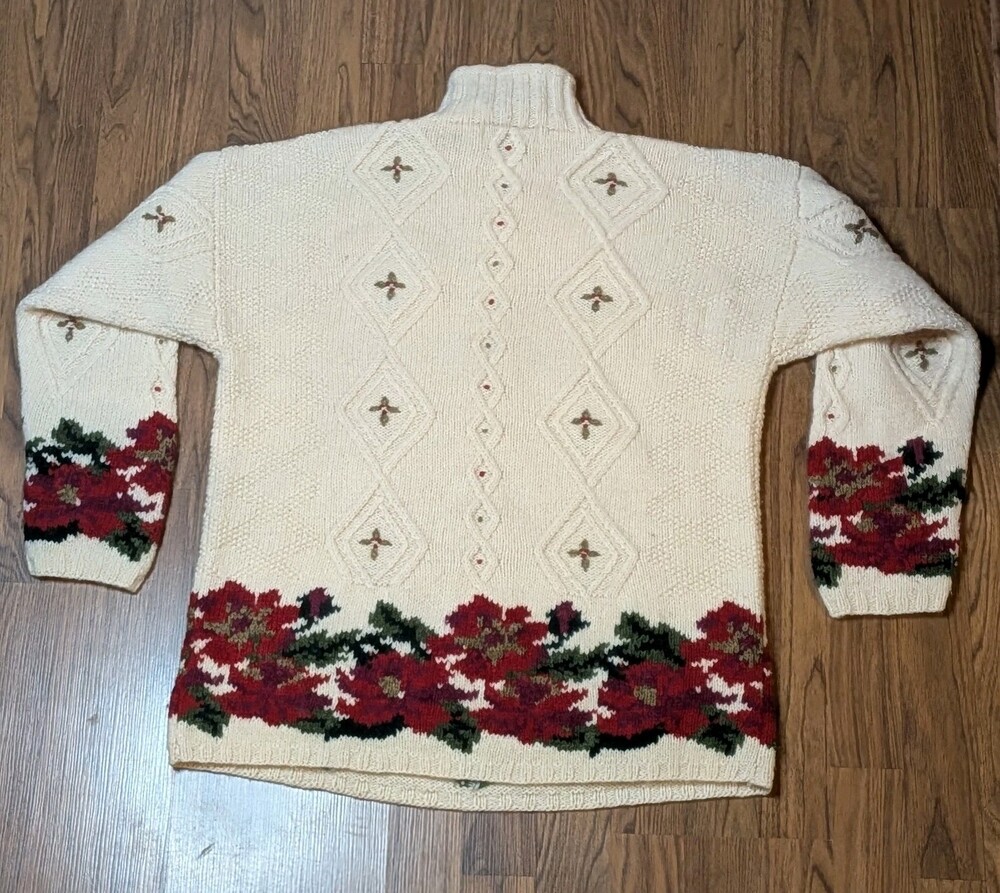 VTG LL Bean Women M 100% Wool Cable Knit Mock Neck Sweater Christmas Cottagecore - Picture 2 of 10